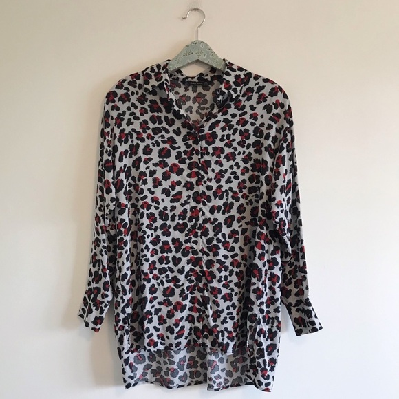 Zara | Gray and Red Leopard Oversized Button-down - Picture 1 of 6